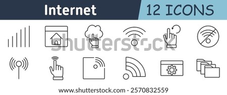 Internet set icon. Signal strength, homepage, cloud access, Wi-Fi, hand swipe, no network, antenna, touch interaction, hotspot, connection, network settings, folder management