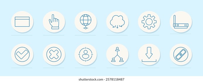 Internet set icon. Web page, hand gesture, globe, cloud computing, settings, router, approval, rejection, hierarchy, download, link