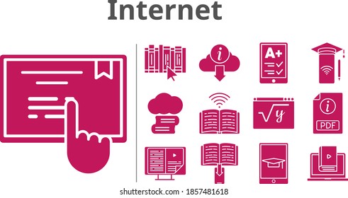 internet set. included cloud library, ereader, ebook, smartphone, pdf, learn, maths, book, student-tablet, touchscreen, information icons. filled styles.