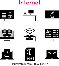 internet set. included ebook, desktop, cap, pdf, student-laptop, test, learn, microscope icons. filled styles.