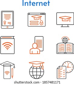 internet set. included tablet, audiobook, study, smartphone, test, school, learning, login, student-desktop icons. bicolor styles.