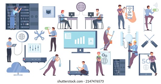 Internet Setting Set With Computer Telecommunication Equipment Technicians And System Administrators At Work Isolated Vector Illustration