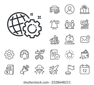 Internet settings sign. Salaryman, gender equality and alert bell outline icons. Seo gear line icon. Traffic management symbol. Seo gear line sign. Spy or profile placeholder icon. Vector