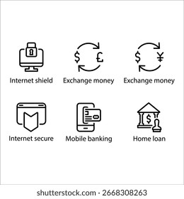Internet-Schild, Exchange-Geld, Internet-Sicherheit, Mobile Banking, Home-Kredit, Symbol, Line-Symbol Set