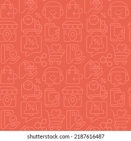 Internet shop abstract seamless pattern. Editable vector shapes on orange background. Trendy texture with cartoon color icons. Design with graphic elements for interior, fabric, website decoration
