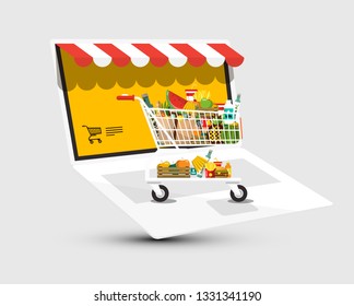 Internet Shop with Cart and Laptop - Vector E-shop Symbol. Virtual Store Market.