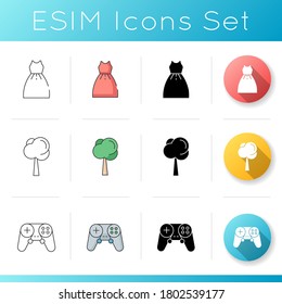 Internet shop category icons set. Woman clothes. Female dress. Growing tree. Plant for cultivation and gardening. Game pad. Linear, black and RGB color styles. Isolated vector illustrations