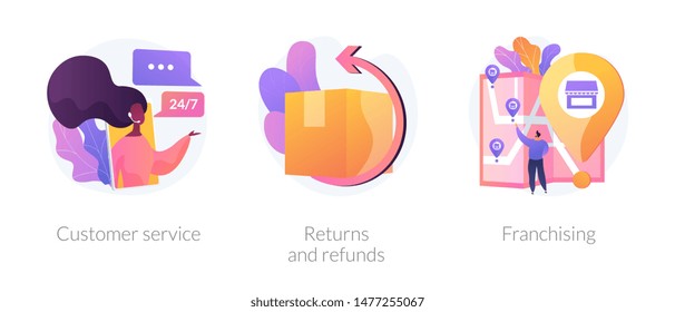 Internet shop clients support, call center. Orders shipment and delivery. Marketing network. Custom service, returns and refunds, franchising metaphors. Vector isolated concept metaphor illustrations