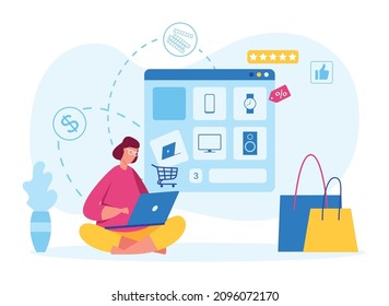 Internet shop concept, girl make order or do shopping. Vector buyer sale, internet shopping online, woman buy at web shop illustration