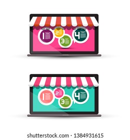 Internet Shop Design on Notebook Screen. Vector Virtual Store on Laptop. Infographic Web Page on Device.