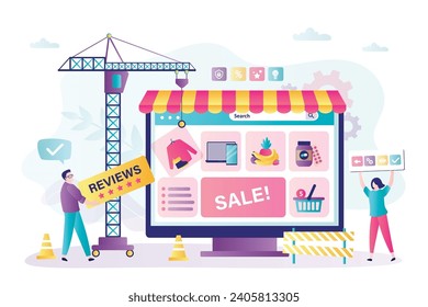 Internet shop development concept. Group of developers and designers create e-shop website. Teamwork, creation of an online store. Copywriting, uploading media content, reviews to web page. vector