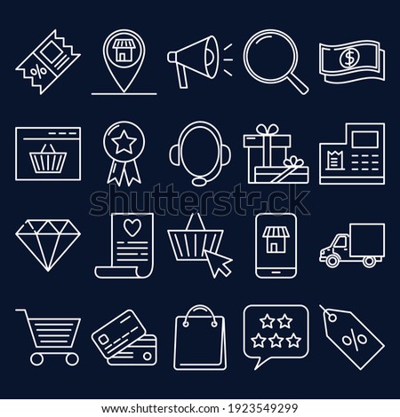 Internet shop icon set in colored line style. E-commerce symbols collection. Buying online. Vector illustration.