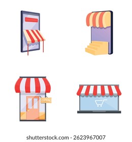 Internet shop icons set cartoon vector. Shopping online on website or mobile app. Digital marketing, internet commerce