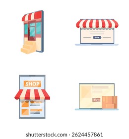Internet shop icons set cartoon vector. Shopping online on website or mobile app. Digital marketing, internet commerce
