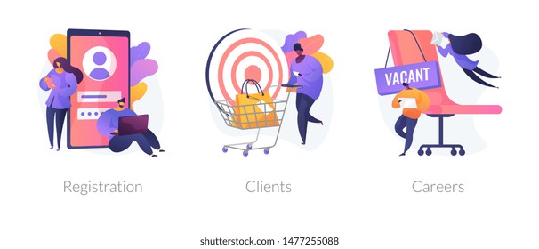 Internet Shop Interface Cliparts Set. Open Vacancy, Employees Hiring. Sign Up, Online Store Customer Order. Registration, Clients, Careers Metaphors. Vector Isolated Concept Metaphor Illustrations