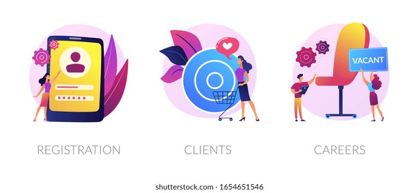 Juego de cliparts de interfaz de tienda de Internet. Vacante abierta, contratación de empleados. Regístrate, compra en línea del cliente. Inscripción, clientes, metáforas de carrera. Ilustraciones de metáforas conceptuales aisladas por vectores