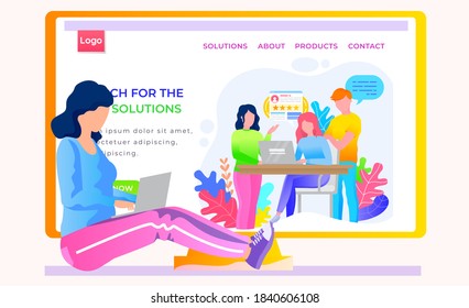 Internet shop layout. Store landing page template. Discussion via the Internet. App for finding solutions in difficult situations. Girl is working on the laptop. Colleagues support each other