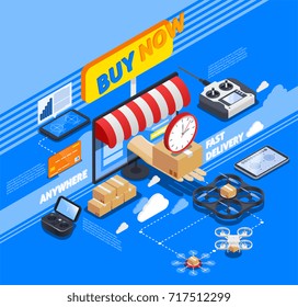 Internet shop, payment card and package delivery by drones isometric composition on blue background vector illustration