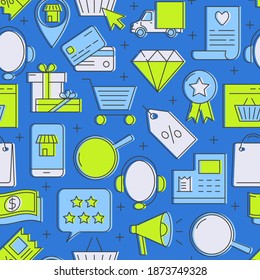Internet shop seamless pattern in line style. Repeatable backgound with mobile or web store symbols. Buying online concept. Vector illustration.