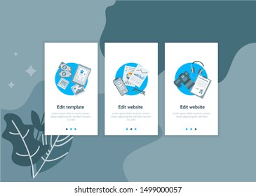 internet shop, statistic application and copyright multimedia service in cards slider with title, text and pagination elements on the background with elements of nature