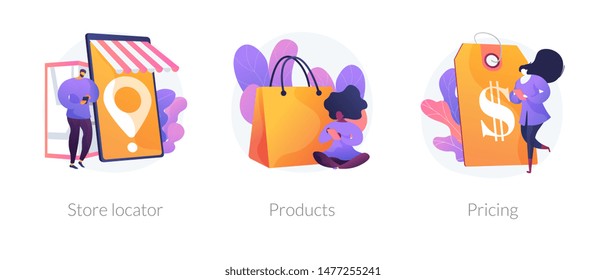 Internet shop web icons set. Goods ordering, price tag cliparts pack. Consumerism and marketing. Store locator, product, pricing metaphors. Vector isolated concept metaphor illustrations