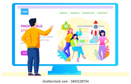 Internet shop website layout with women buyers or managers. Online store landing page template. Pastime for employees, working via the Internet. Effective strategy. Man looking at screen back view