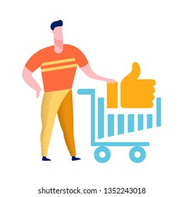 Internet Shopping Abstract Flat Color Illustration. Man with Trolley Cartoon Character. Online Store, Retail Service Customer. Thumbs up Symbol, Like Icon in Shopping Cart. E commerce Design Element