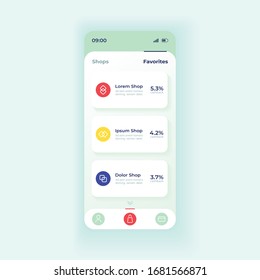 Internet shopping application smartphone interface vector template. Mobile app page light theme design layout. Favorite shops list screen. Flat UI for application. Cashback rates on phone display