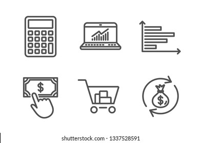 Internet shopping, Calculator and Horizontal chart icons simple set. Online statistics, Payment click and Money exchange signs. Cart with purchases, Accounting device. Finance set. Vector