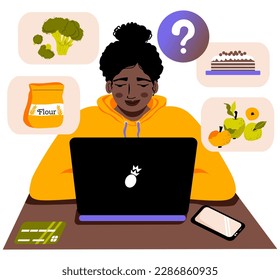 Internet shopping at computer. Afro woman chooses products online. Ordering goods, paying for purchase with credit card on the website. Girl in hoodie with laptop sitting at desk. Vector.