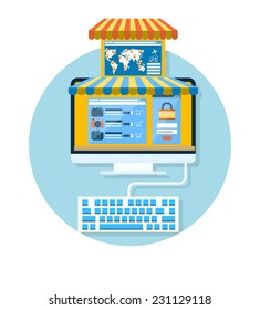 Internet shopping concept computer with awning of buying products via online shop market store flat design