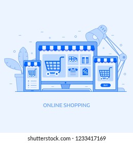 Internet shopping concept with device screens. Online digital store application banner in flat design. E-commerce advertising illustration with shopping cart and goods. Order online background.