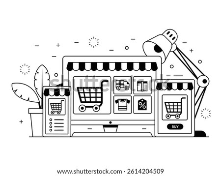 Internet shopping concept with device screens. Online digital store application banner in line art design. E-commerce advertising illustration with shopping cart and goods. Order online background.