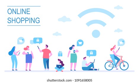 Internet shopping concept. Different people do online shopping  using gadgets. Flat vector illustration.