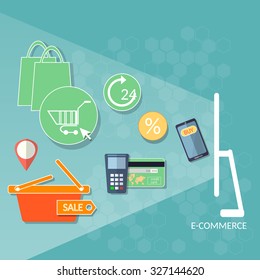 Internet shopping concept e-commerce web market online store credit cards coupons and products shopping basket flat vector illustration  