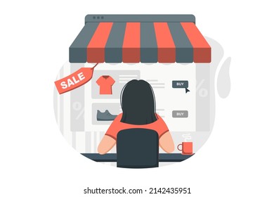 Internet shopping concept in flat design. Woman customer chooses clothes and shoes on website of store, makes online order and pays at discounted price. Vector illustration with people scene for web