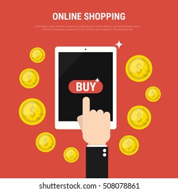 Internet shopping concept. Hand pulling buy button on tablet. Three items in shopping cart. E-commerce concept. Shopping online.
