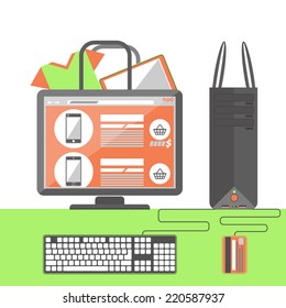 Internet shopping concept. Monitor with shopping bag cart on screen and close package from store flat cartoon design style