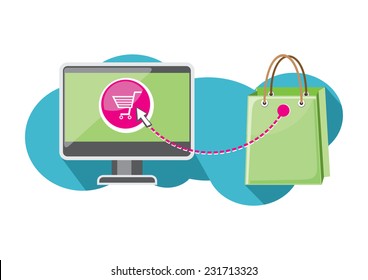 Internet shopping concept. Monitor with shopping cart on screen and close package from store cartoon design style