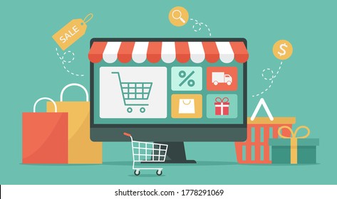 internet shopping concept on computer, e-shopping and e-commerce, online digital store with shopping cart and goods, flat vector graphic illustration
