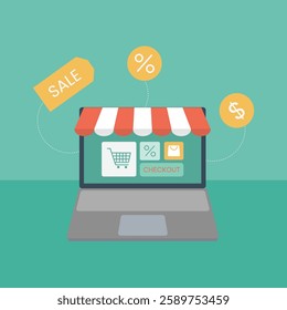 Internet shopping concept on computer stock illustration. Stroke Editable