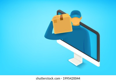 Internet-Shopping-Konzept. Postman mit Box auf Computerbildschirm