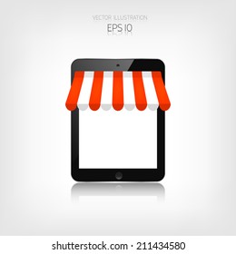 Internet shopping concept. Realistic tablet. E-commerce. Online store. Web money and payments. Pay per click.