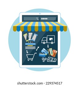 Internet shopping concept smartphone with awning of buying products via on line shop store e-commerce ideas e-commerce symbols sale elements on stylish background