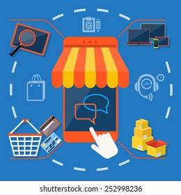 Internet shopping concept smartphone with awning of buying products via on line shop store e-commerce ideas e-commerce symbols sale elements on stylish background