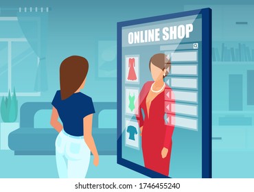 Internet shopping concept. Vector of a casual woman ordering and buying fashion clothes a dress online.
