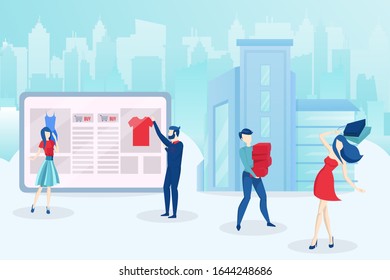 Concepto de compras por Internet. Vector de personas comprando ropa en línea 