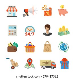 Internet Shopping, Delivery and Cargo Detailed Flat Icon Set for e-commerce with money, truck, gift symbols. Vector isolated on white.