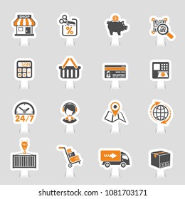 Internet Shopping, Delivery and Cargo sticker icons in flat style. Shop, truck, support, basket. Vector illustration