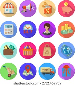 Internet Shopping und Lieferung Flaches Icon Set Internet Shopping, Lieferung und Fracht Detailliertes flaches Icon Set für E-Commerce mit Geld, LKW, Geschenksymbolen auf farbigen Kreisen mit langen Schatten. Vektorgrafik